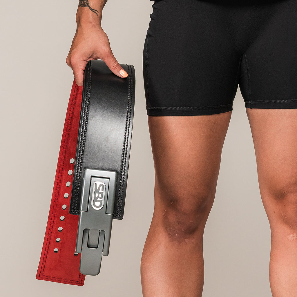 SBD 10mm Lever Belt held open, showing the red lining and lever buckle