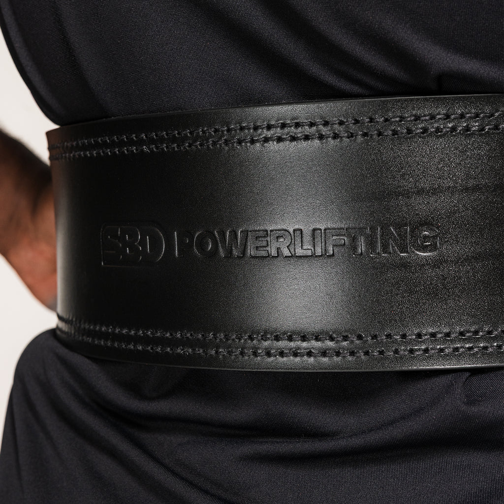 SBD 10mm Lever Belt, close-up of the embossed rear branding and stitching