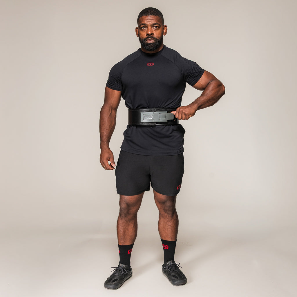 SBD 10mm Lever Belt in black, full-length view on an athlete
