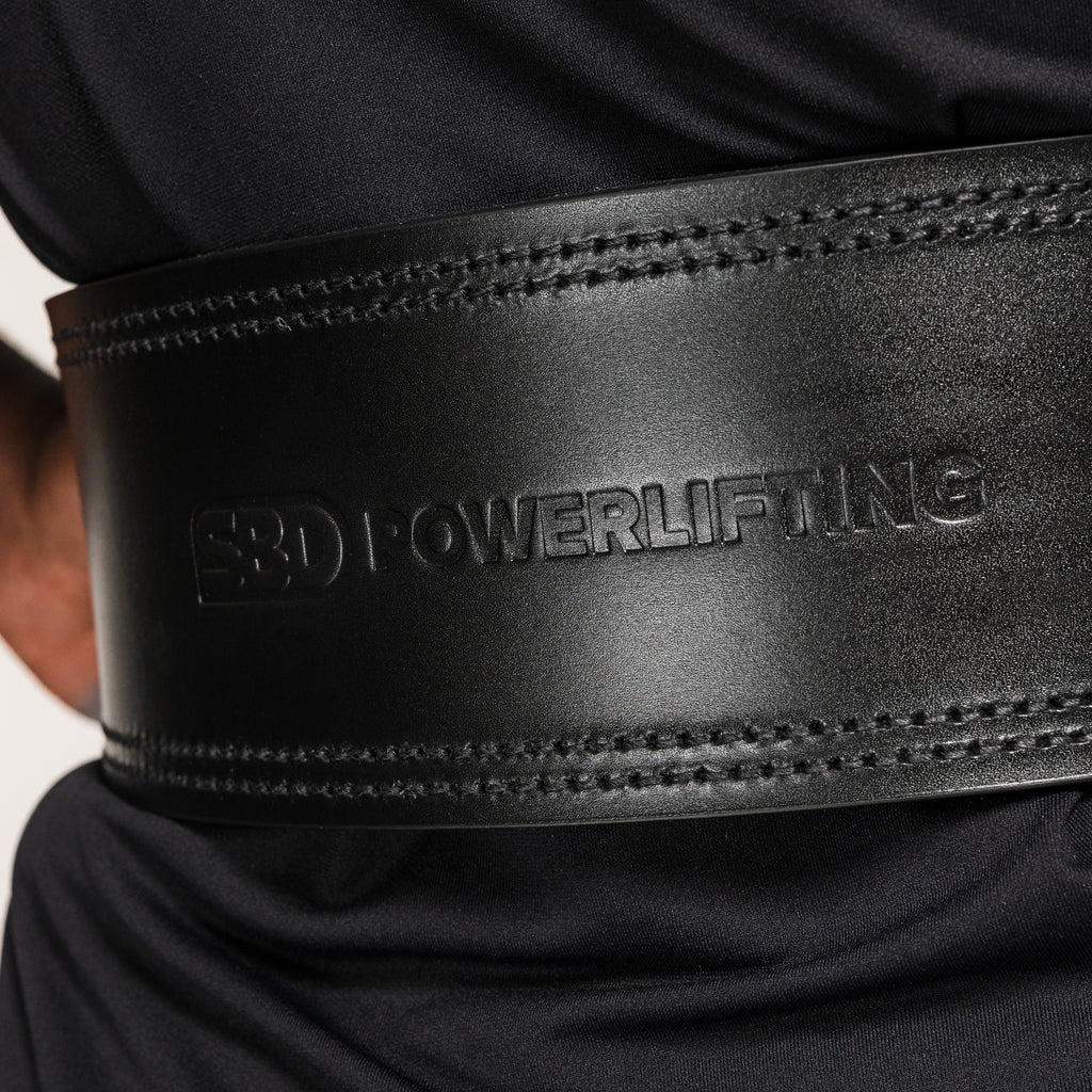 SBD 13mm Lever Belt, close-up of the embossed rear branding and stitching