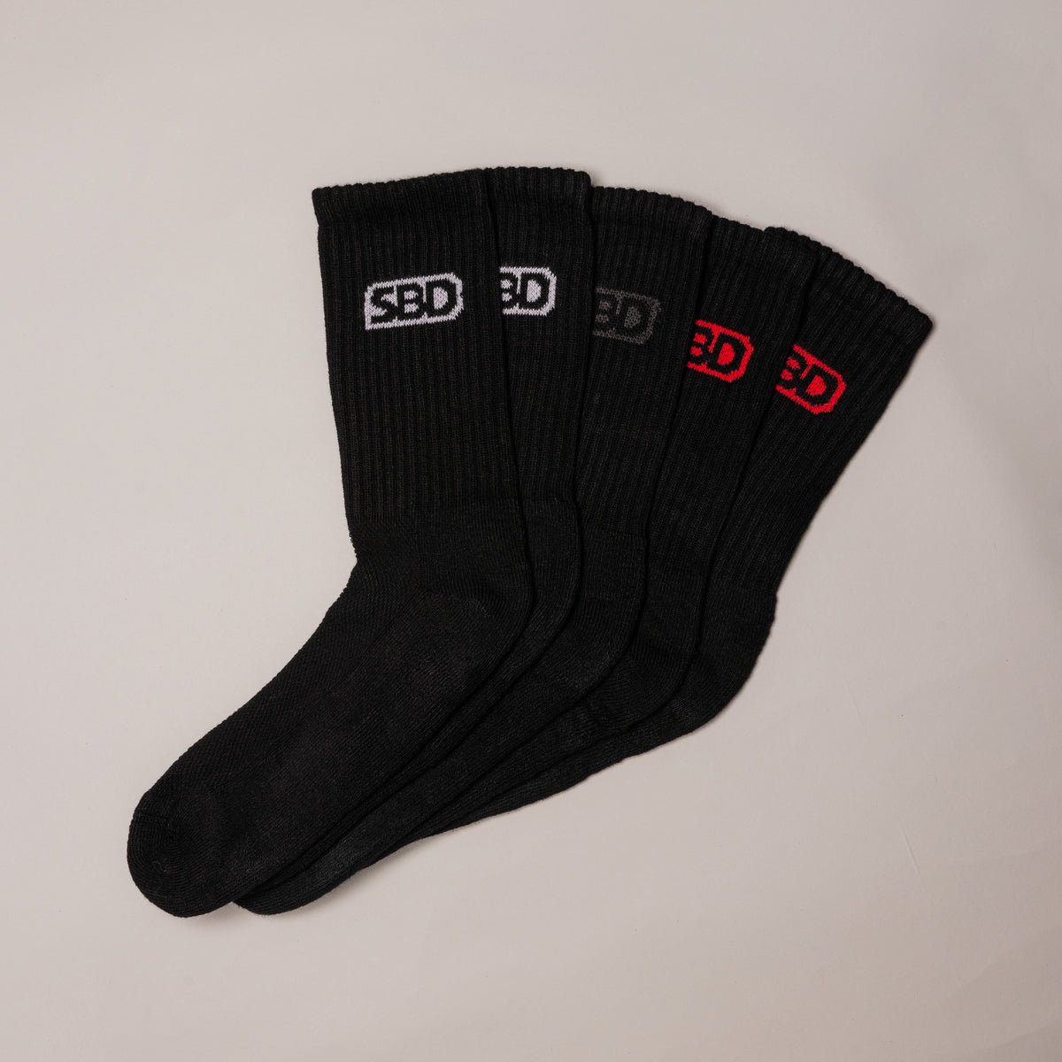 Black SBD Crew Socks five-pack with white, grey and red logos