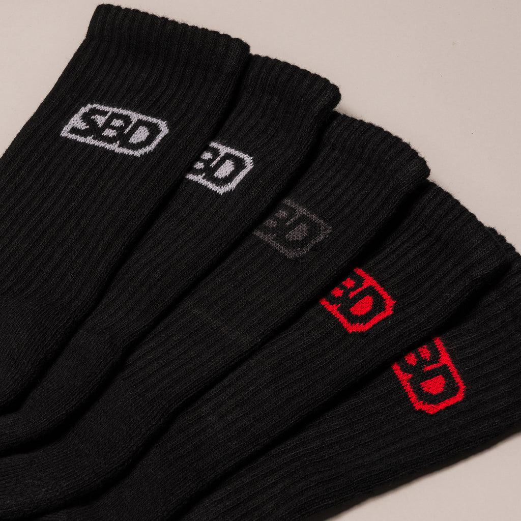 Black SBD Crew Socks five-pack, close-up of the different logo colours