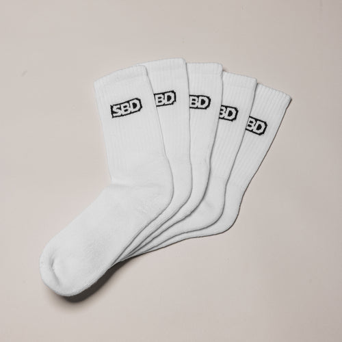 White SBD Crew Socks five-pack with black SBD logos