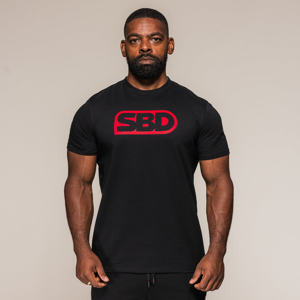 Black SBD T-Shirt with large red chest logo, front view