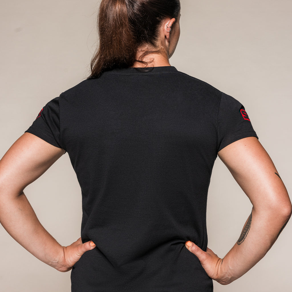 Women's black SBD Competition T-Shirt, rear view
