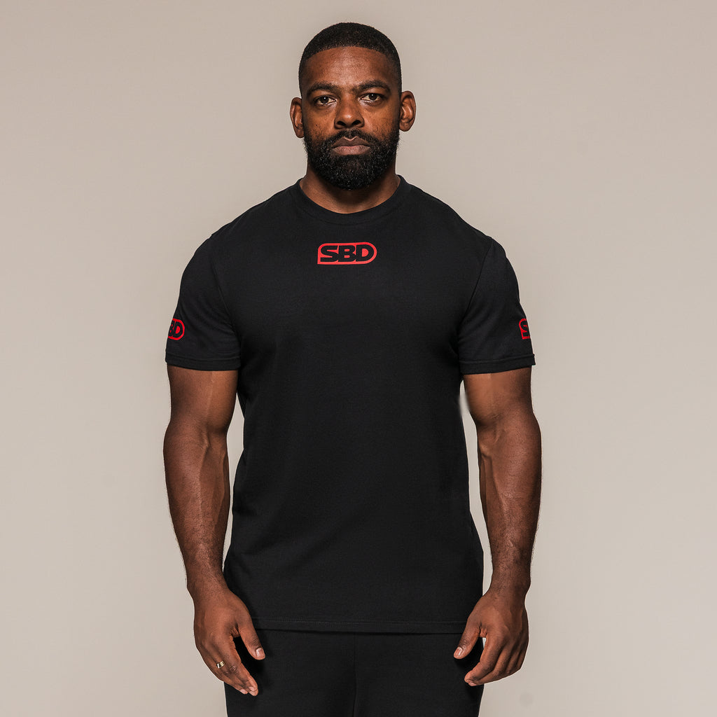 Men's black SBD Competition T-Shirt with red chest logo, front view