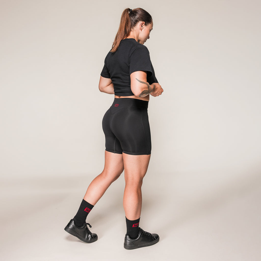 Women's black SBD Crop Top, rear three-quarter view