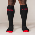 Black SBD Deadlift Socks with red logos and toes, front view