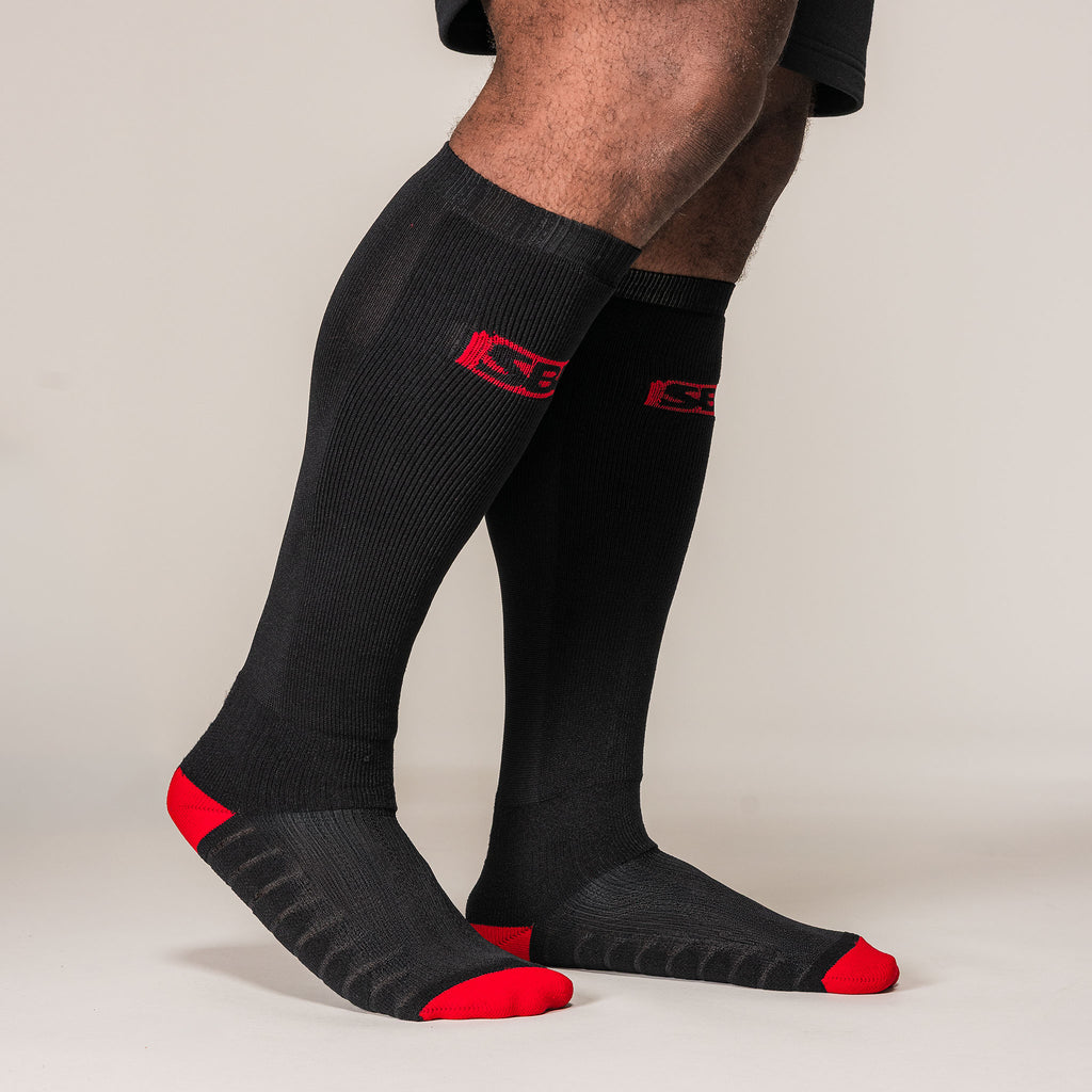 Black SBD Deadlift Socks with red details, side view