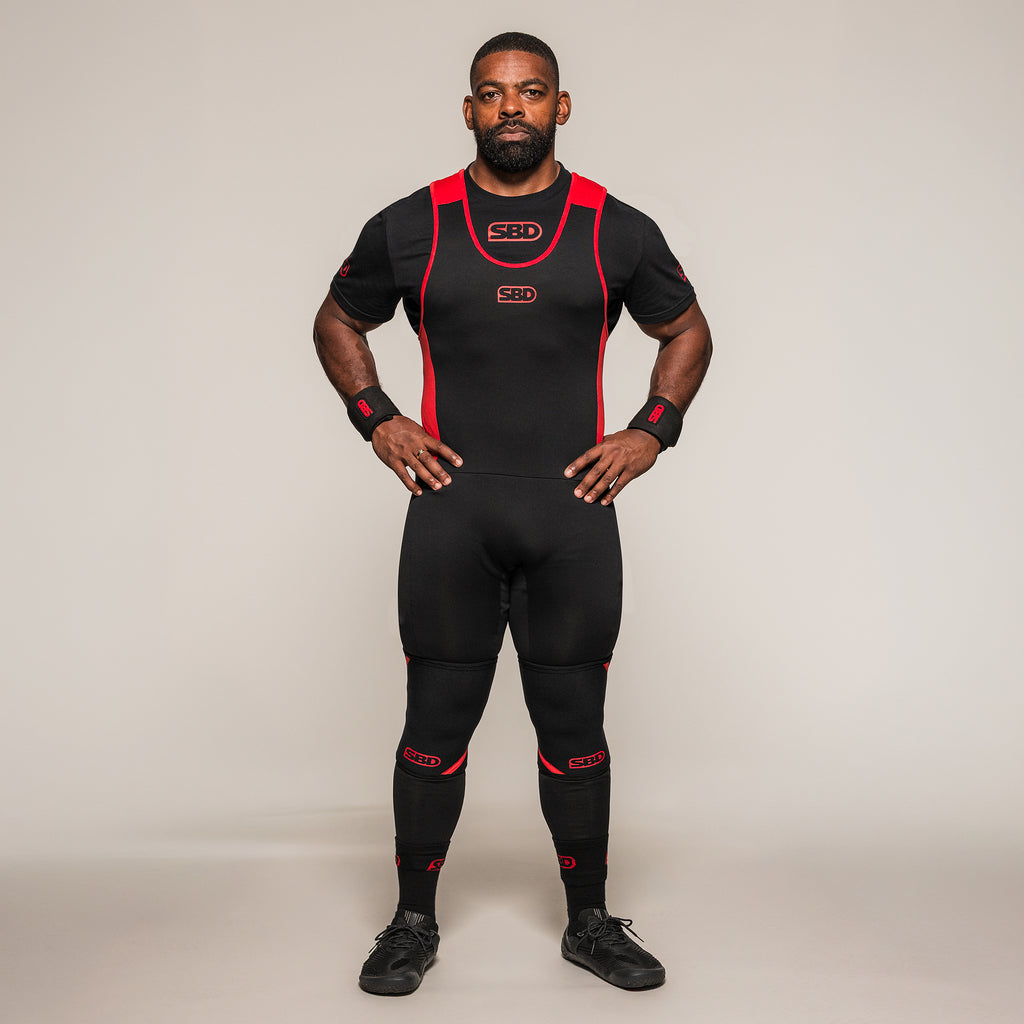 Men's SBD Full Length Singlet in black and red, full-length front view