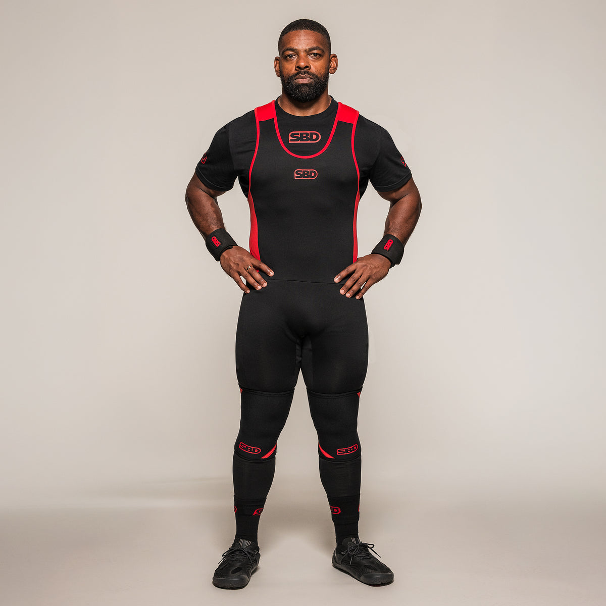 Men's SBD Full Length Singlet in black and red, full-length front view
