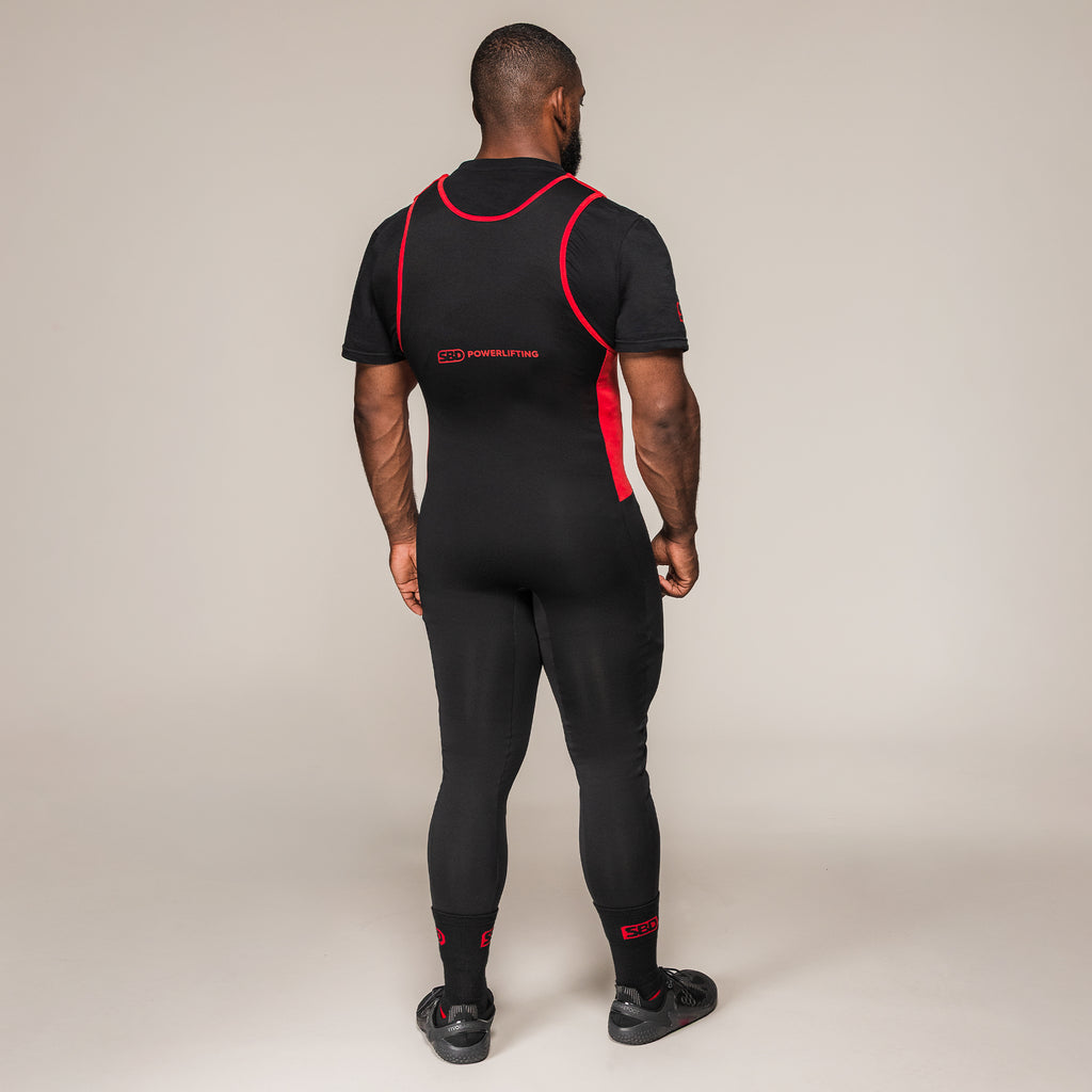 Men's SBD Full Length Singlet in black and red, full-length rear view