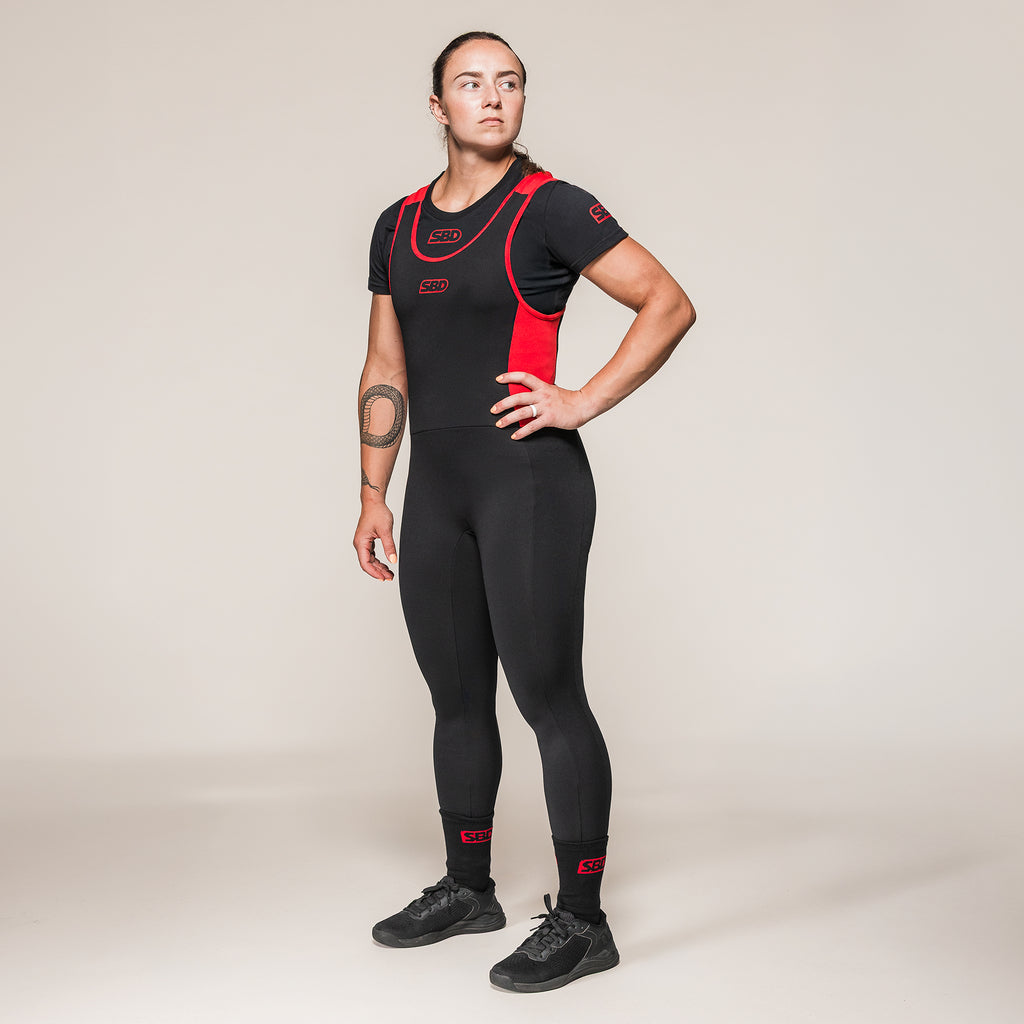 Women's SBD Full Length Singlet in black and red, full-length front view
