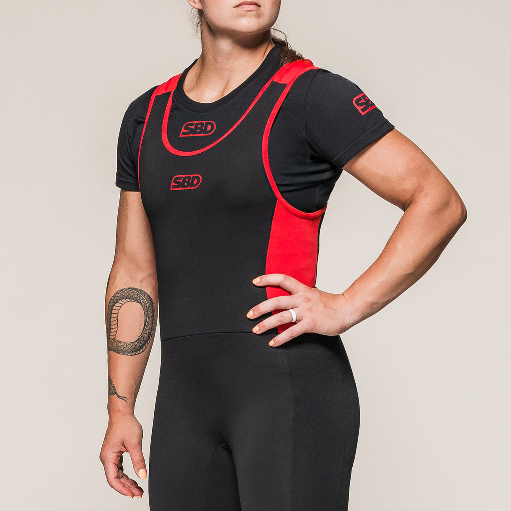 Women's SBD Full Length Singlet in black and red, front three-quarter view