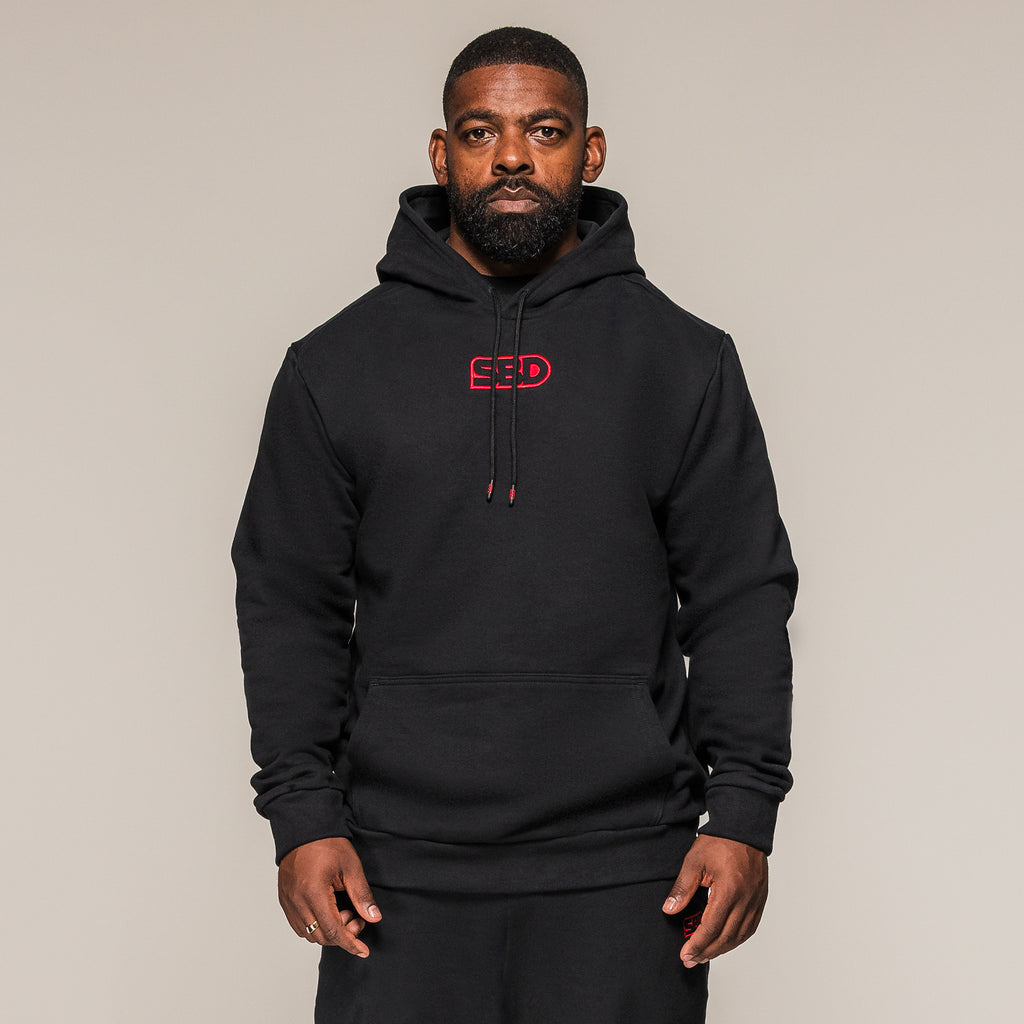 Black SBD Hoodie with red chest logo, front view