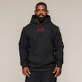 Black SBD Hoodie with red chest logo, front view