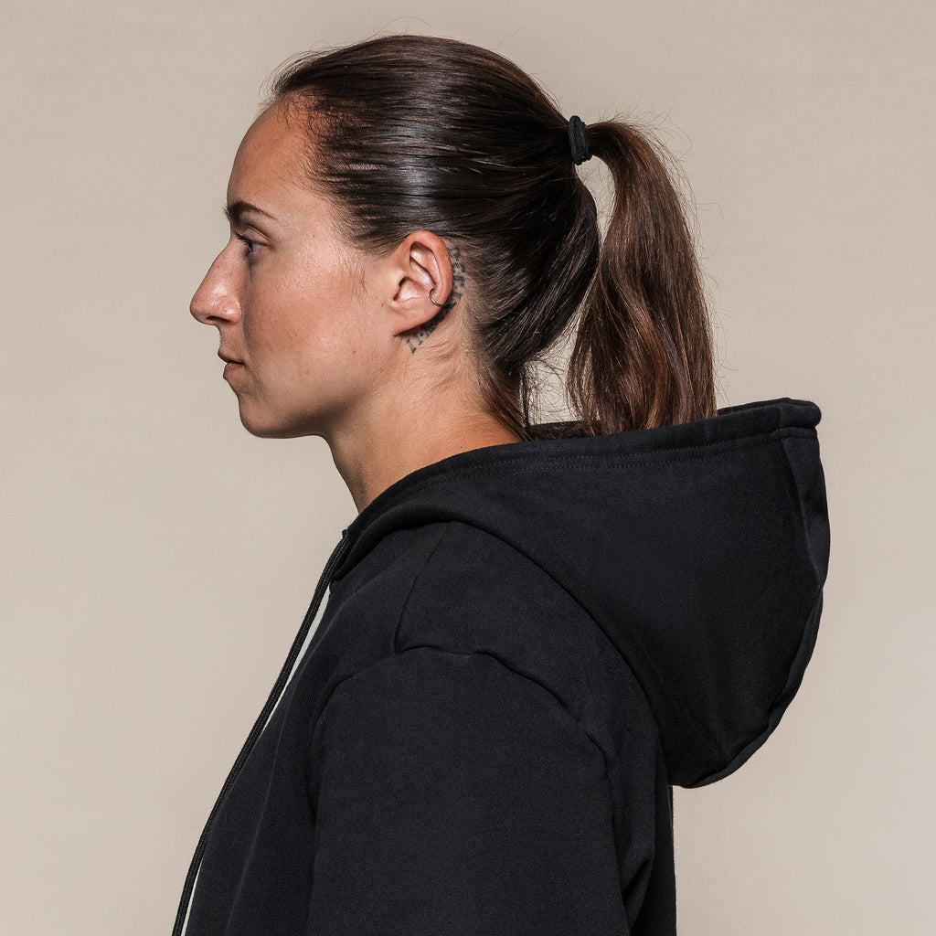 Black SBD Hoodie, side view of the hood and neckline