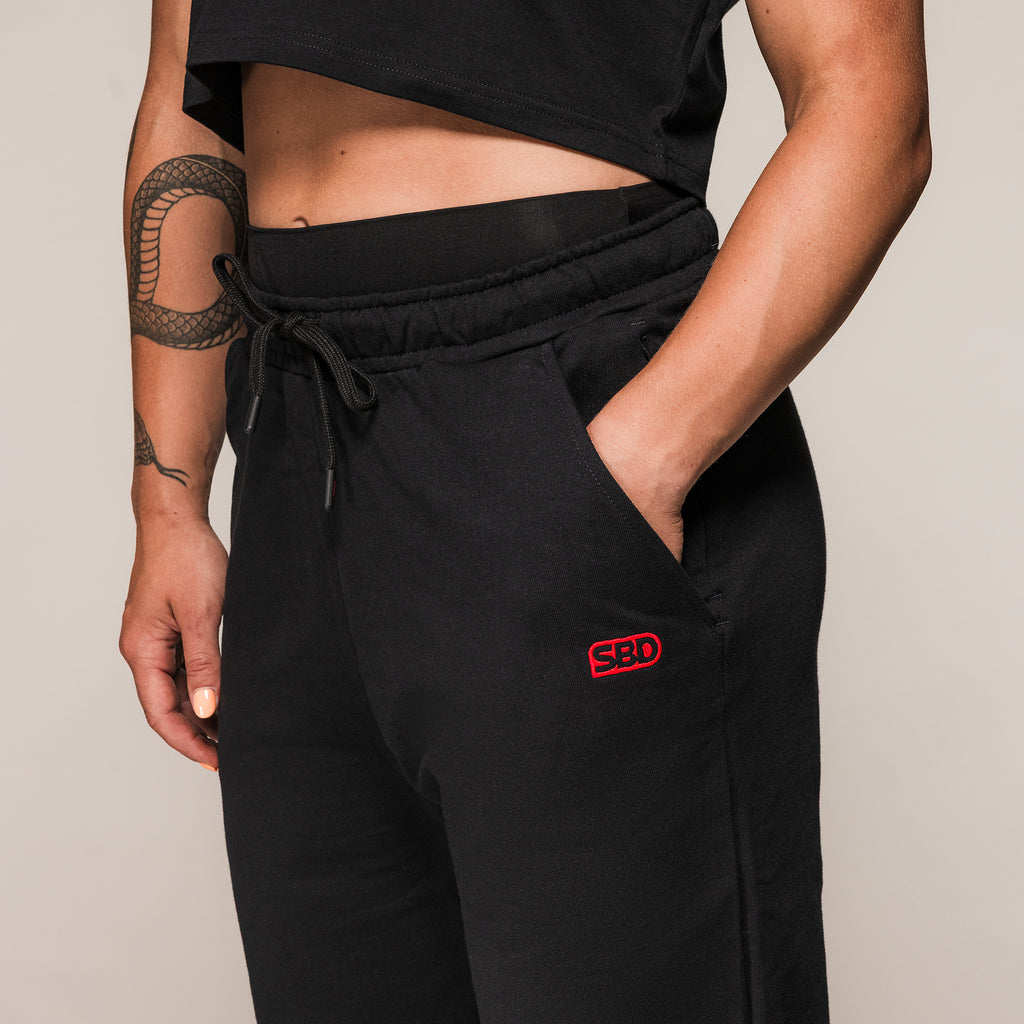 Black SBD Joggers showing the drawstring waistband and side pocket