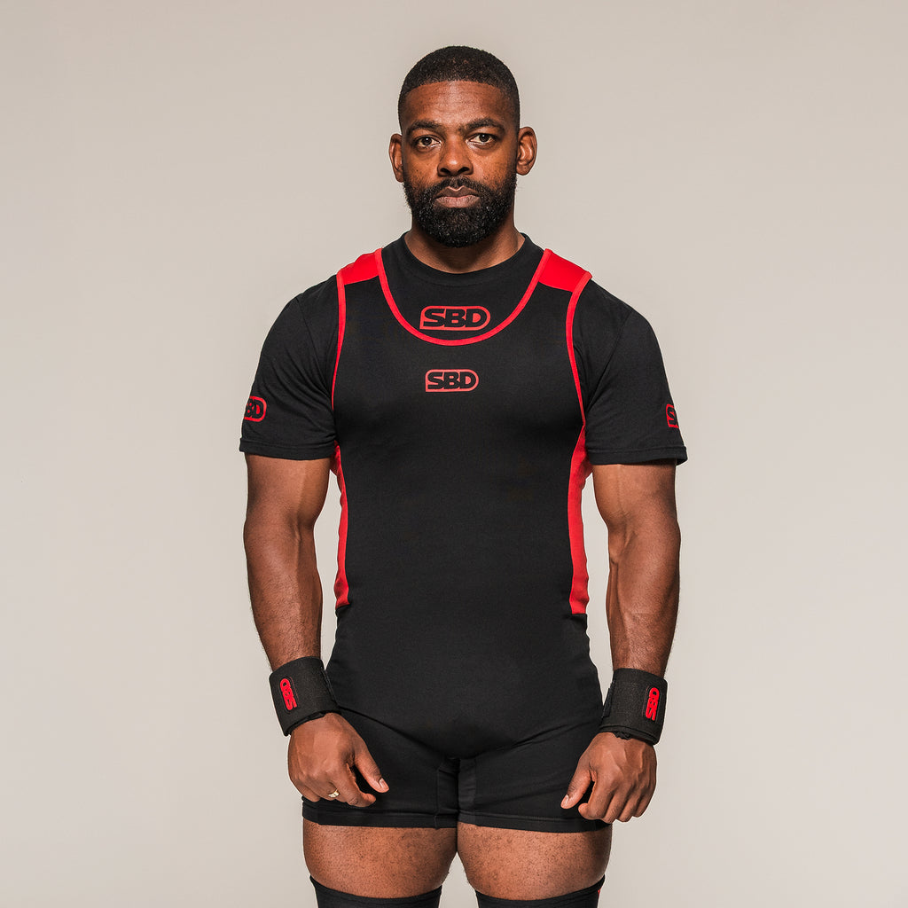 Men's SBD Powerlifting Singlet in black and red, front view