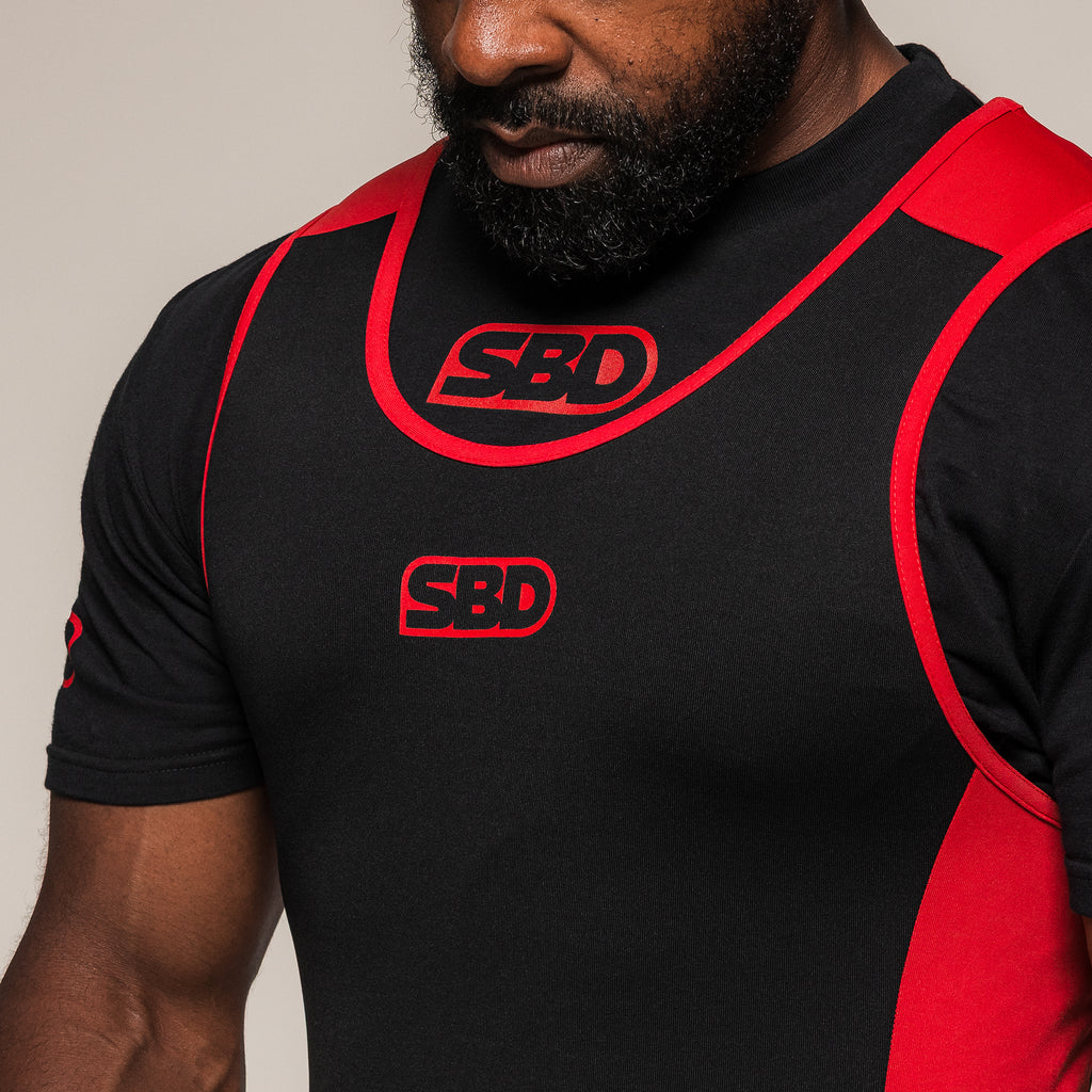 Men's SBD Powerlifting Singlet, close-up of the chest logo and shoulder straps
