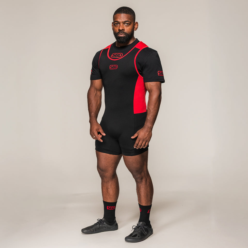 Men's SBD Powerlifting Singlet in black and red, full-length front view