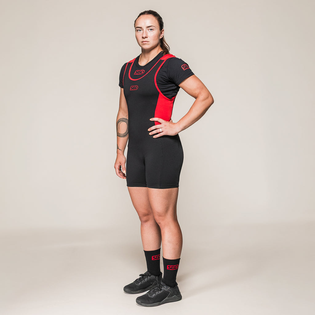 Women's SBD Powerlifting Singlet in black and red, full-length front view