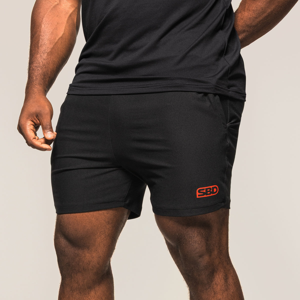 Men's black SBD Training Shorts, front view