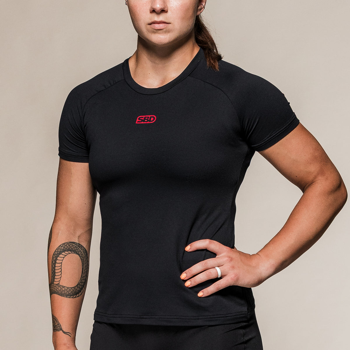 Black SBD Training T-Shirt, fitted front view on an athlete
