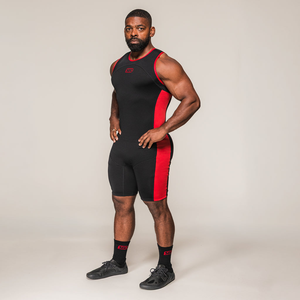 Men's SBD Weightlifting Singlet in black and red, full-length front view
