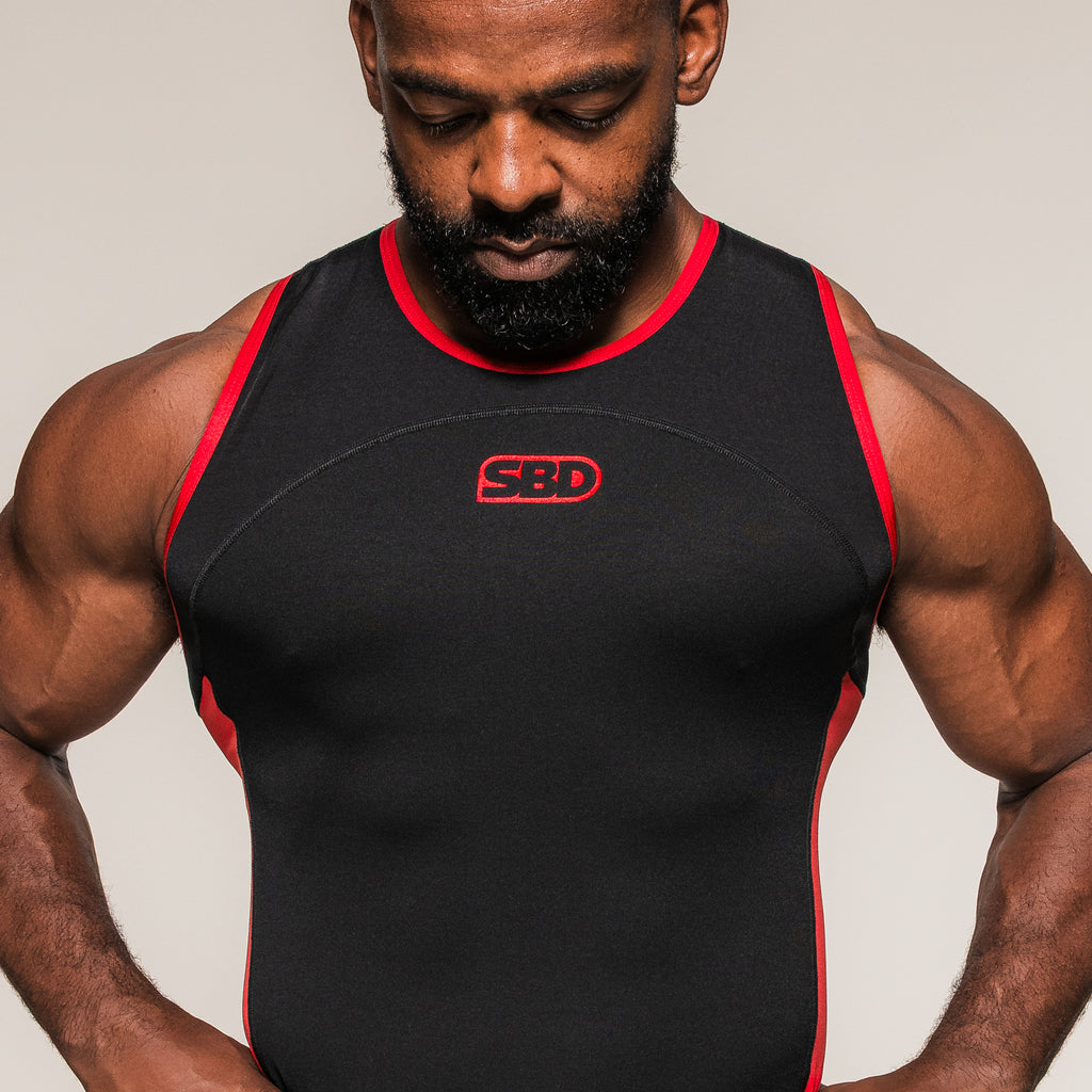 Men's SBD Weightlifting Singlet, close-up of the neckline and chest logo