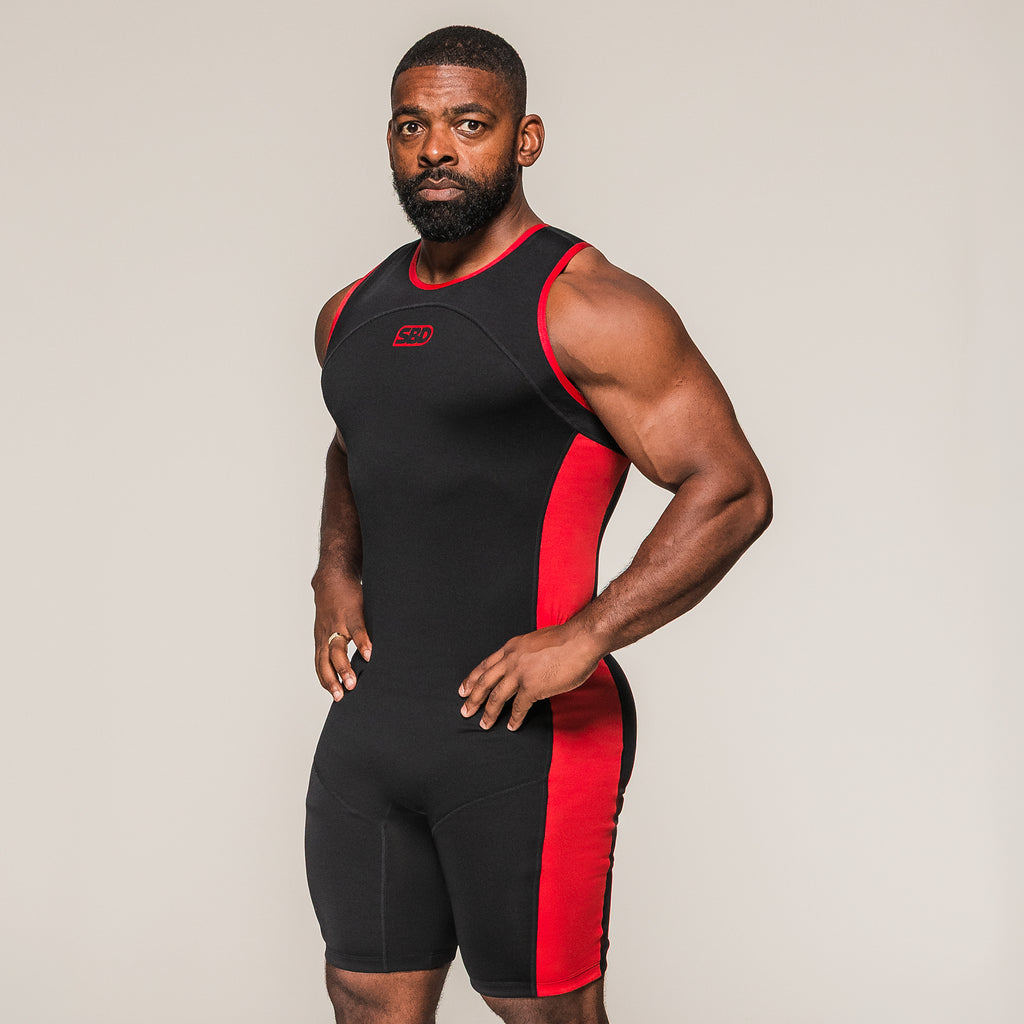 Men's SBD Weightlifting Singlet in black and red, front three-quarter view