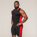 Men's SBD Weightlifting Singlet in black and red, front three-quarter view