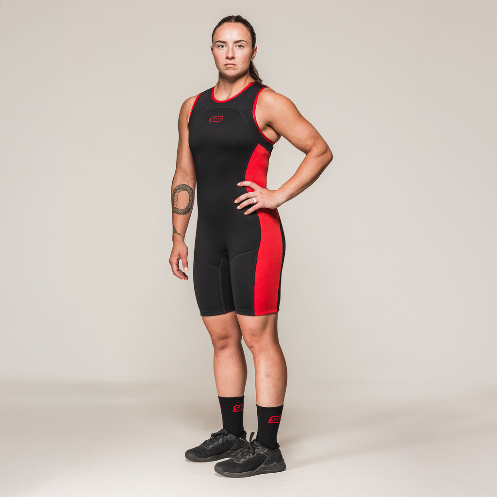 Women's SBD Weightlifting Singlet in black and red, full-length front view